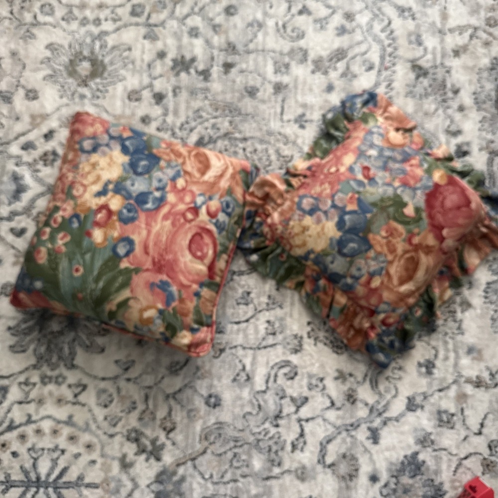 Cottagecore pair floral Throw Pillows 12x12". Pink / Blue / Green 90s Ruffle